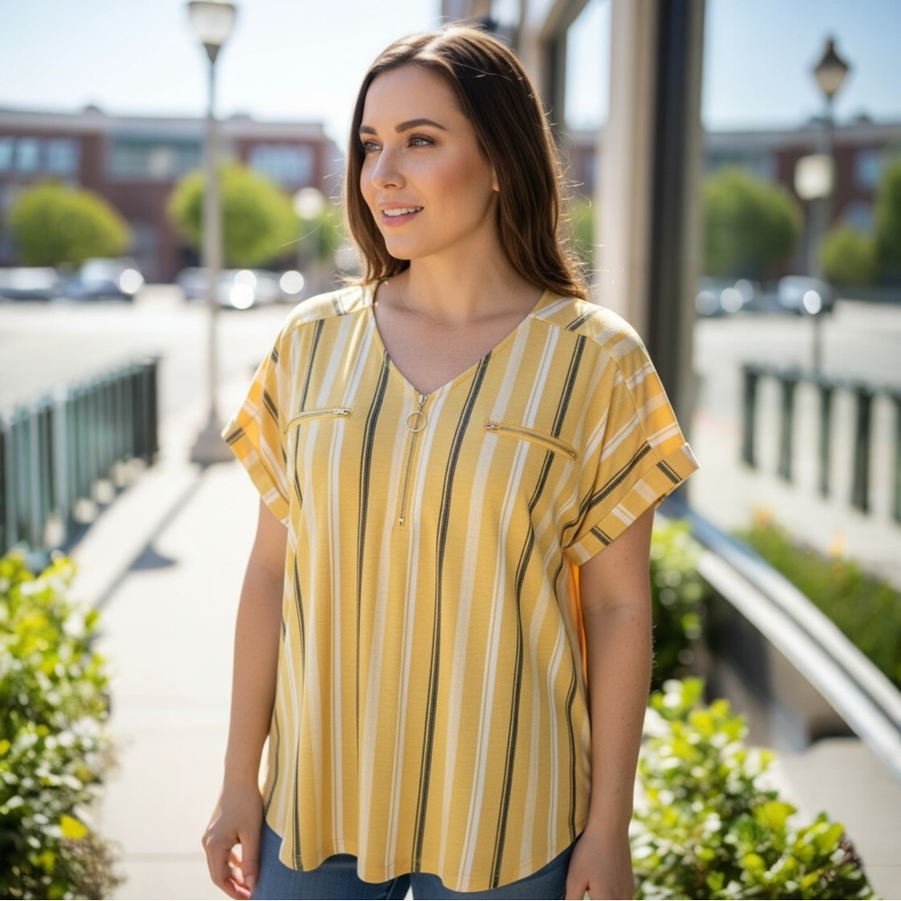 Flower & Feather Yellow Striped Top - Size 2XL